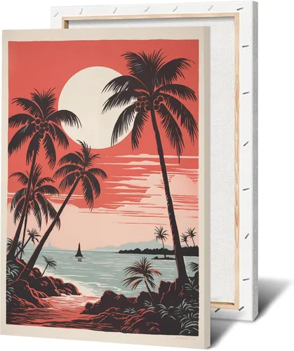 Vista 22 de Arte de pared vintage de paisaje marino retro, póster de playa con imagen de palmera, lienzo de árbol tropical, arte de pared, arte de océano