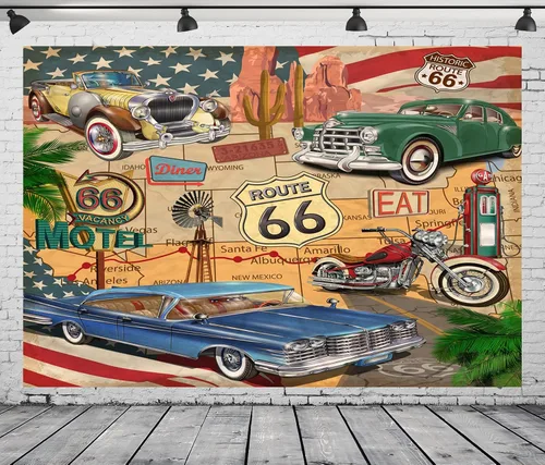 Vista 9 de BELECO Telón de fondo de fotografía con temática Route 66, tela de 5 x 3 pies, diseño retro de mapa de carretera, motel, motocicleta, autos, Arizona