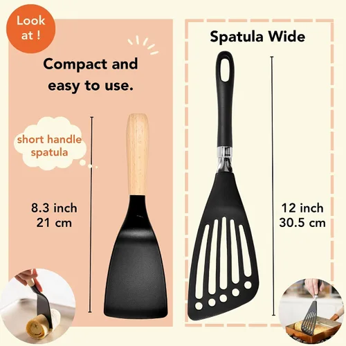 Vista 4 de Espátula corta, elegante herramienta de cocina, espátula flexible antiadherente resistente al calor, mango corto de madera, cocina para pescado