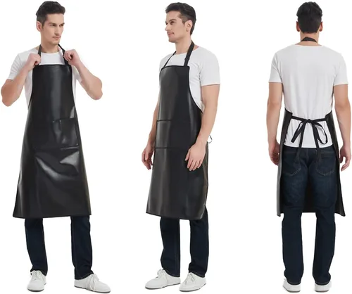 Vista 5 de Delantal impermeable, delantal de trabajo resistente, delantal de cuero artificial, ideal para chef, carnicero, peluquero, limpieza Plus