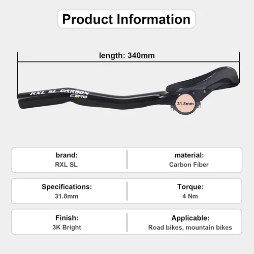 Vista 2 de TT Bars Carbon Bike Areo Bars Manillar RXL SL Bullhorn Manillar 340 Carbon Aero Bars Aero Manillares Negro 3K Brillante 31.8X340mm Triatlón Aero