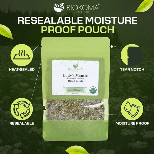 Vista 3 de Biokoma Hierba seca de manto de dama pura y orgánica, 1.76 oz (1.76 onzas) en bolsa resellable a prueba de humedad, certificado orgánico por USDA