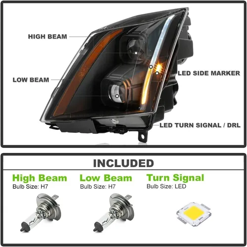 Vista 2 de ACANII - Para [Modelo Halógeno] 2008-2014 Cadillac CTS Conjunto de Faros Delanteros LED de Tubo Proyector Switchback con Carcasa Negra