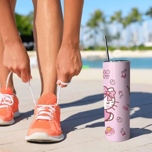 Vista 2 de Vaso para Adultos Botella de Agua Tazas de Doble Pared para Niños 20 oz Rosa Taza de Café Cosas de Gato Vaso Aislado Regalos para Niñas Mujeres