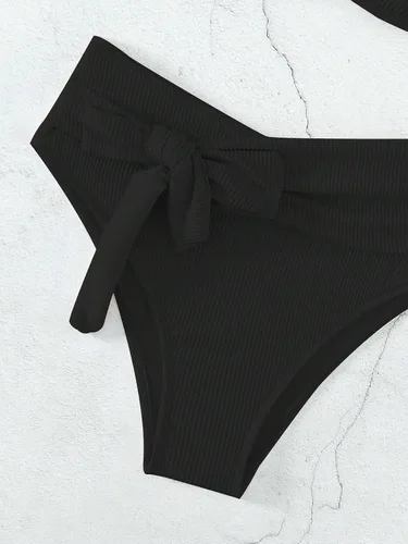 Vista 3 de WDIRARA Conjunto de bikini de 2 piezas para mujer, conjunto de traje de baño de cintura alta sin tirantes con nudo frontal