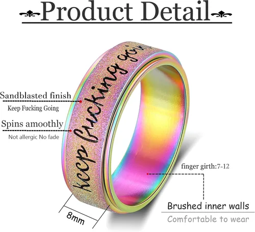 Vista 2 de LuckyAmor Anillo para ansiedad para mujer anillo giratorio de acero inoxidable con mantra inspirador personalizado para hombres, mujeres y amigos