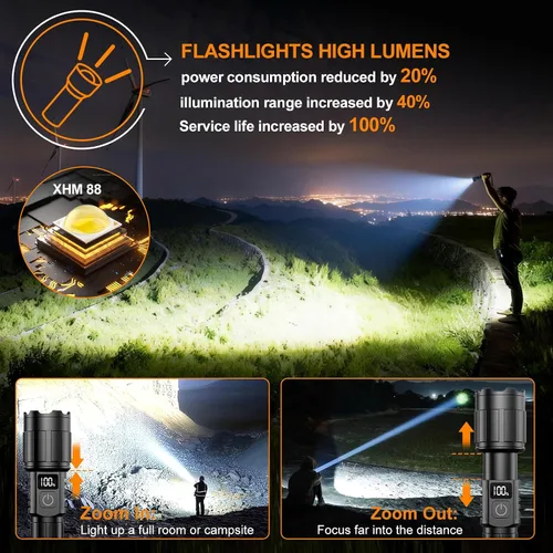 Vista 2 de Relybo Linterna LED recargable de 20000 lúmenes altos, largo alcance y tiempo de funcionamiento de 12 horas Linternas súper brillantes USB C