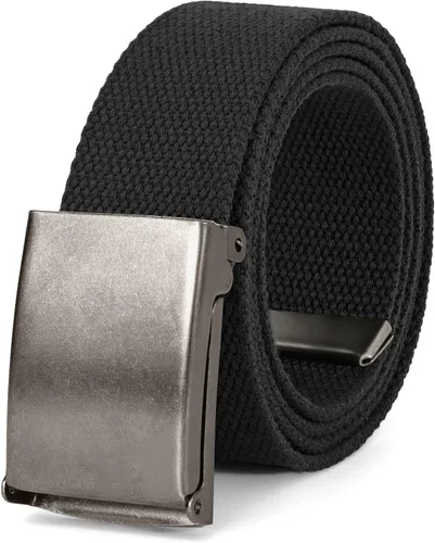 Vista 10 de WHIPPY Cinturón de tela con hebilla militar de color negro sólido, tapa abatible, totalmente ajustable, para hombre, con corte a medida