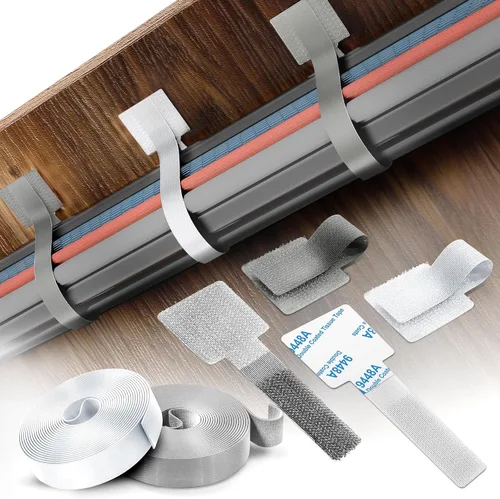 Vista 7 de Kit de gestión de cables – 40 sujetadores autoadhesivos de gancho y bucle con 2 correas de extensión – Fabricado con cinta 3M, organizador de cables
