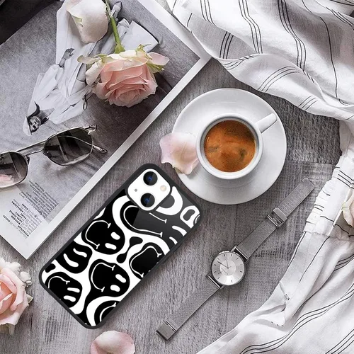 Vista 3 de Funda compatible con iPhone 13 para niños y mujeres, diseño divertido de cara, parte trasera dura con negro, divertido y lindo patrón de arte