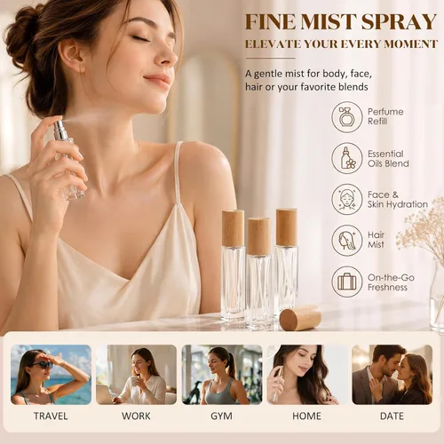 Vista 6 de Roshtia 30 botellas vacías decorativas transparentes de 0.33 onzas fluidas de color madera de haya con atomizador de perfume recargable, con bomba