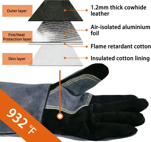 Vista 2 de WZQH Guantes de soldadura de cuero de 14 pulgadas, 932 ℉, pequeños, resistentes al calor/fuego, guantes pequeños para barbacoa, horno, parrilla