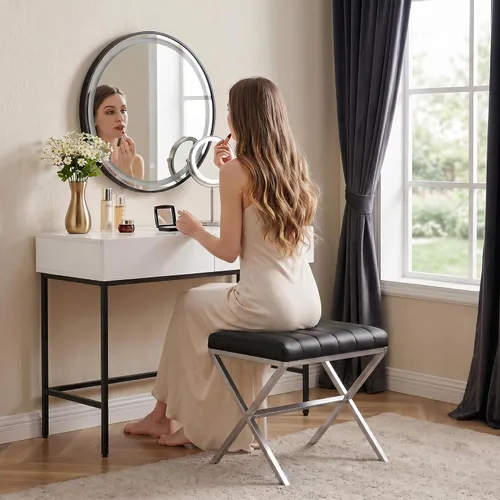 Vista 3 de DUHOME Taburete de Tocador Moderno de Cuero PU - Taburete de Maquillaje Rectangular Asiento de Tocador Acolchado Reposapiés para Sala de Estar, Negro