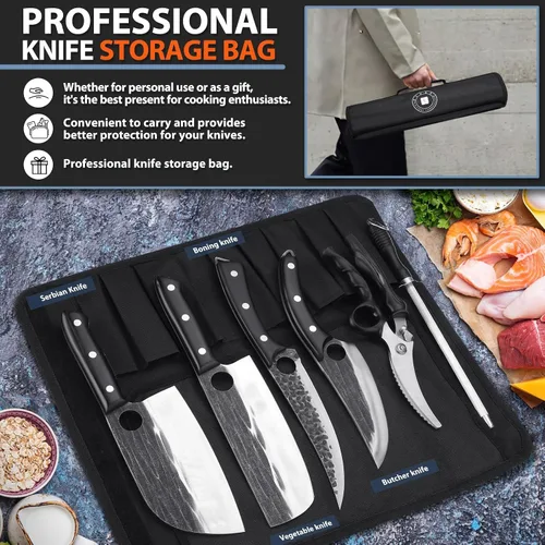 Vista 3 de TIVOLI Juego de cuchillos de carnicero profesional para procesamiento de carne, 7 piezas de acero de alto carbono forjado a mano