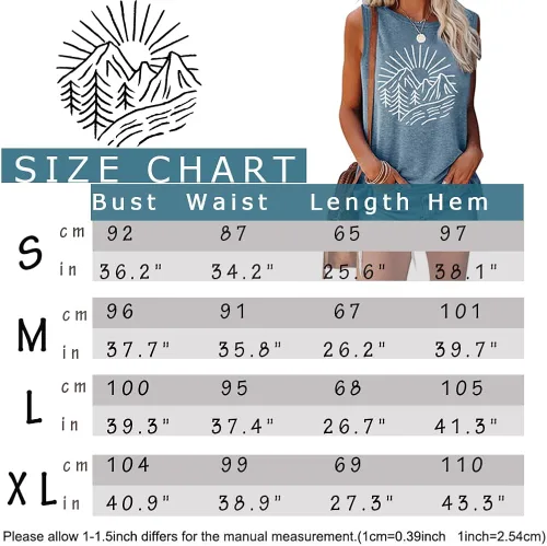 Vista 7 de Camisetas sin mangas de senderismo y montaña para mujer, divertidas camisetas de entrenamiento con gráficos de pino y amanecer, camisetas de verano