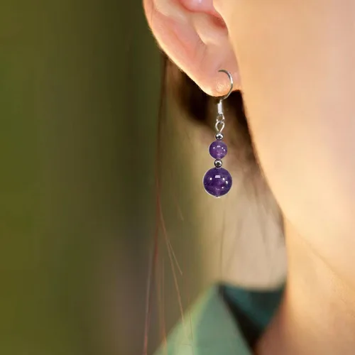 Vista 7 de Juego de collar y aretes de ágata negra de 7 chakras, collar de piedra natural, aretes de piedra de cristal curativo, Ágata negra, amatista púrpura