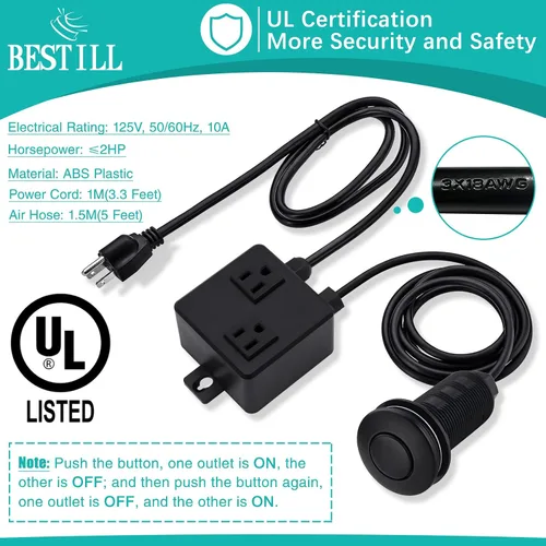 Vista 4 de BESTILL Kit de interruptor de aire superior para eliminación de basura, botón negro mate de 3.6 pulgadas de largo con cubierta de latón, módulo