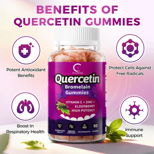 Vista 2 de Gomitas de quercetina, quercetina con bromelina, vitamina C, zinc y saúco, apoyo inmunológico de alta potencia, salud respiratoria y suplemento