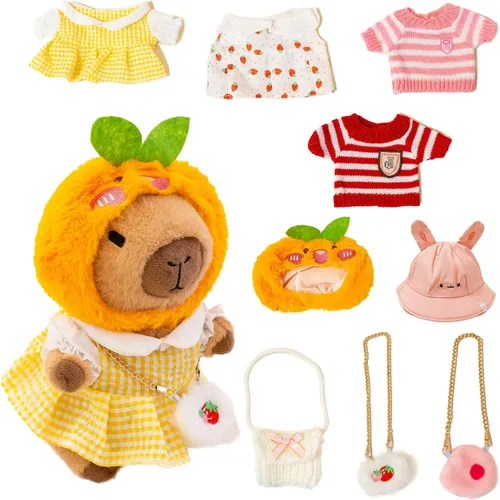 Vista 8 de Capybara - Lindo peluche de peluche para niños y niñas, juego de 10 piezas, 9 prendas y accesorios, juguete de peluche Kawaii, peluche suave