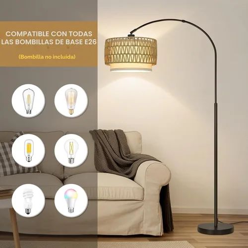 Vista 5 de Lámpara de pie de ratán, lámparas de pie de arco para sala de estar, lámpara de pie de granja con pantalla de tela colgante ajustable, lámpara