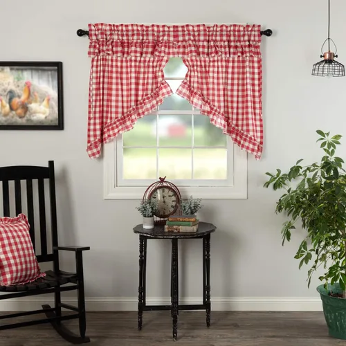 Vista 16 de VHC Brands Annie Buffalo - Cortinas de cocina de algodón a cuadros con bolsillo para barra, cordón de amarre con volantes, par de botes de pradera