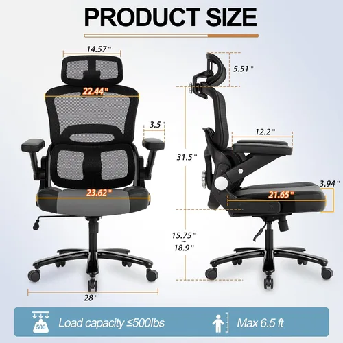 Vista 2 de Silla de oficina grande y alta de 500 libras, silla de computadora ejecutiva grande y resistente con brazos abatibles 5D, silla de escritorio