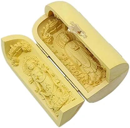 Vista 3 de Kwan Yin Buda Shakyamuni Estatua de madera de boj tallado escultura plegable caja santuario