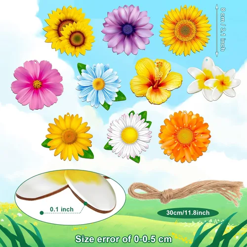 Vista 2 de 40 adornos de primavera para árbol pequeño, flores de madera, mariposa, girasol, gerbera, margarita, madera, colgante, decoración de árbol