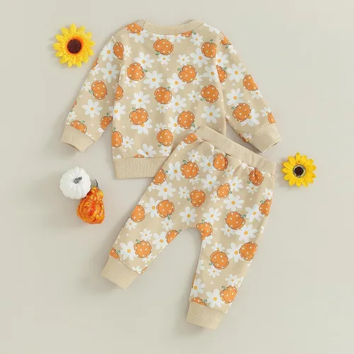 Vista 4 de Kayotuas Conjunto de camisa y pantalones de manga larga con cuello redondo para bebé, disfraz de calabaza, fantasma, calabaza, fantasma, camiseta