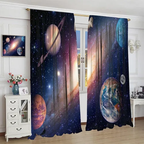 Vista 4 de Cortinas de planeta galaxia, espacio exterior, universo, nebulosa, estrellas, cielo estrellado, con bolsillo para cortinero, para sala de estar