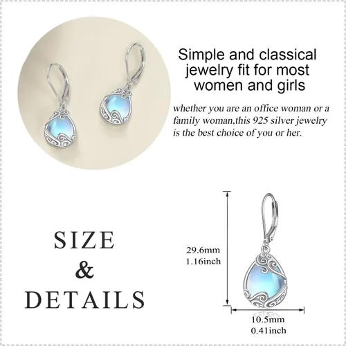 Vista 215 de Aretes colgantes con forma de lágrima de filigrana de piedra lunar de plata de ley 925 con cierre de palanca para mujer, regalos de joyería