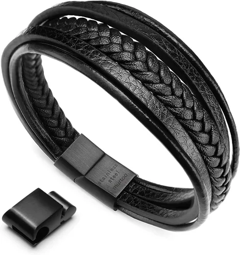 Vista 7 de murtoo Mens Leather Bracelet with Clasp Cowhide Multi-Layer Braided Leather Mens Bracelet