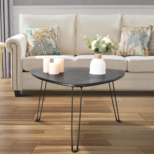 Vista 2 de Mesa de centro plegable negra de madera triangular para sentarse en el suelo, mesas auxiliares pequeñas ovaladas, mesa de centro moderna de mediados