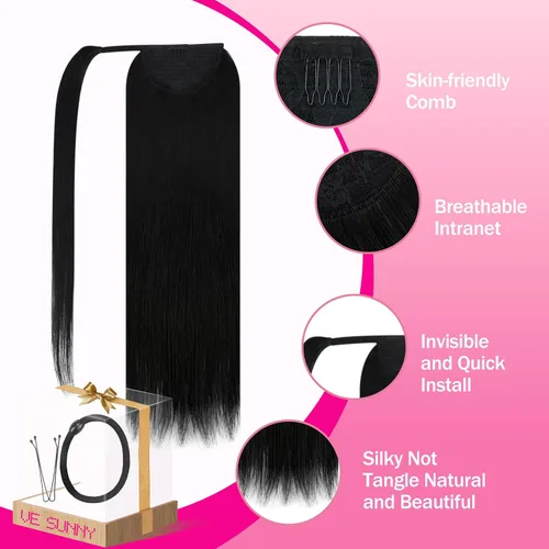 Vista 4 de Ve Sunny - Extensiones de cabello humano lacio con clip, color negro azabache, preestilizadas, listas para usar, 18 pulgadas, 2.82 oz