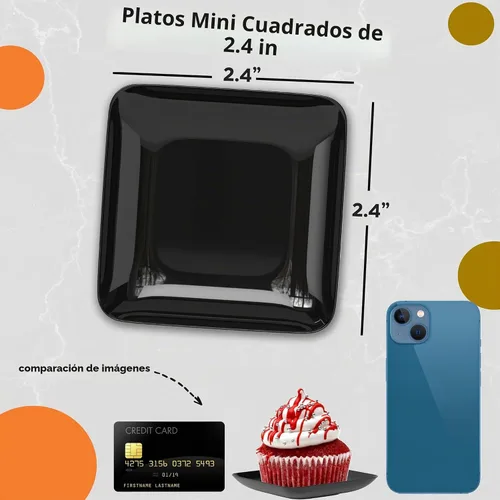Vista 4 de Exquisite Mini platos de postre pequeños, paquete de 120 platos desechables negros de 2.4 x 2.4 pulgadas, pequeños de plástico sin BPA para bodas
