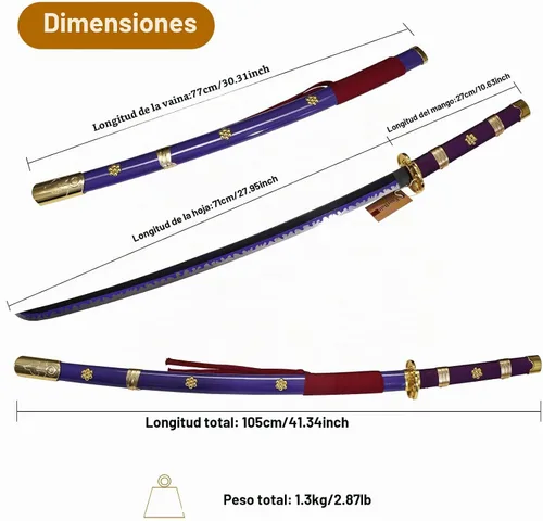 Vista 3 de Espada Púrpura Enma Zoro, espada Katana de acero rico en carbono 1095 de 41" de longitud, espadas Samurai de espiga completa, colección de armas