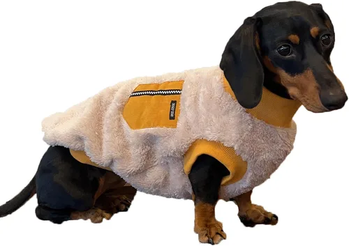 Vista 22 de D Doggy Star - Suéter de perro salchicha para perros, ropa de forro polar, abrigo de invierno (M, bolsillo azul marino)