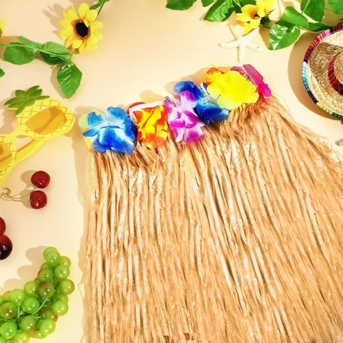 Vista 4 de Faldas de hierba de rafia natural, 4 piezas, flores tropicales, Luau Hula decoraciones para adultos, mujeres y hombres, hawaianas