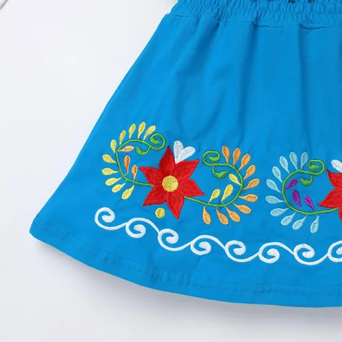 Vista 5 de FYMNSI Vestido mexicano para niñas pequeñas con bordado floral étnico mexicano, vestidos casuales con volantes, vestido de verano para vacaciones