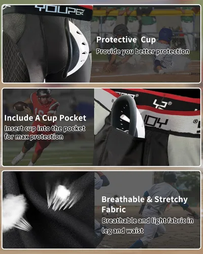 Vista 3 de Youper Pantalones cortos deslizantes acolchados de compresión Elite para adultos con copa atlética protectora para béisbol, fútbol
