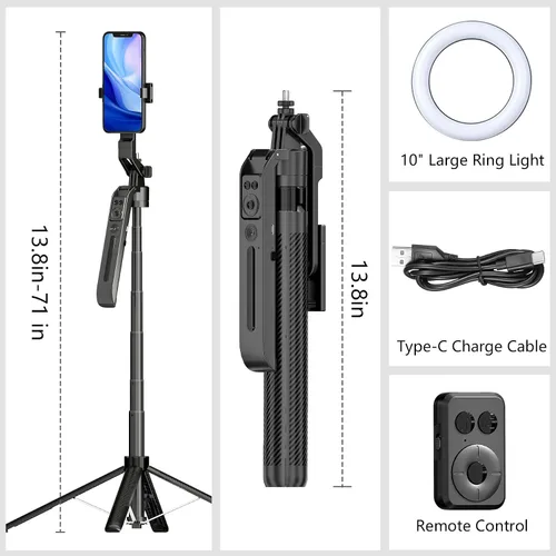 Vista 7 de Trípode Autoseguidor Facial con Palo Selfie para iPhone con Luz de Anillo de 10" Manos Libres Ajustable 360° de 70.9 Pulgadas Soporte para Teléfono