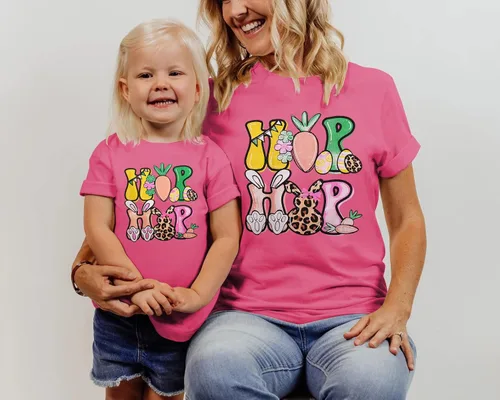 Vista 2 de Mommy and Me - Camiseta de Pascua a juego con divertido conejito Hip Hop, camiseta de manga corta para madre e hija