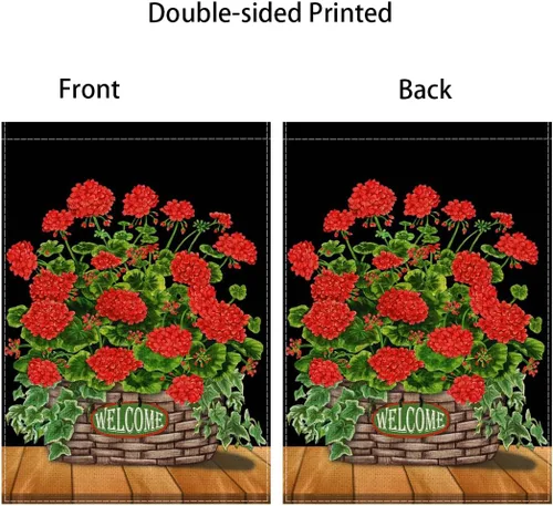 Vista 5 de Fukeen Bandera de bienvenida con flores rojas de doble cara, 28 x 40 pulgadas, fondo negro con geranio, amapola floral, hojas verdes, plantas
