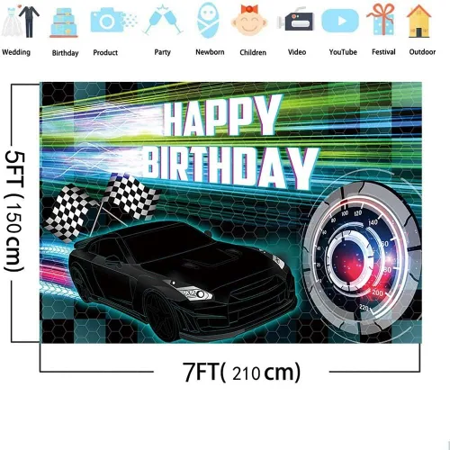 Vista 4 de MEHOFOND Telón de fondo negro de 7 x 5 pies, decoración de fiesta de carreras para niños, cartel de fiesta de cumpleaños con temática de auto