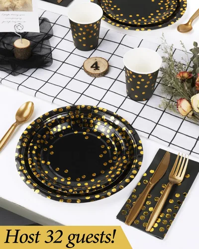 Vista 2 de 224 piezas de suministros para fiestas, platos de fiesta negros y dorados, juegos de vasos y servilletas con cuchillos, tenedores y cucharas