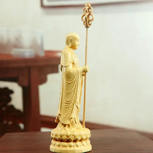 Vista 3 de Estatua de Buda de madera para decoración del hogar, te trae buena suerte, saludable, riqueza, éxito, 3.9 in
