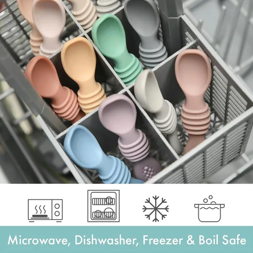 Vista 4 de PrimaStella Juego de cucharas masticables de silicona para bebés y niños pequeños, seguridad probada, sin BPA, apta para microondas, lavavajillas