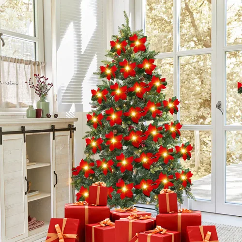 Vista 2 de Guirnalda de Pascua roja LED de Navidad con luces blancas cálidas de 14 pies, flores de Pascua artificiales para decoración navideña, temporizador