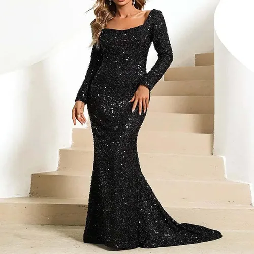 Vista 6 de Vestidos Manga Larga lentejuelas para Mujer, Vestido Fiesta Baile ajustado purpurina Brillante, cóctel formal