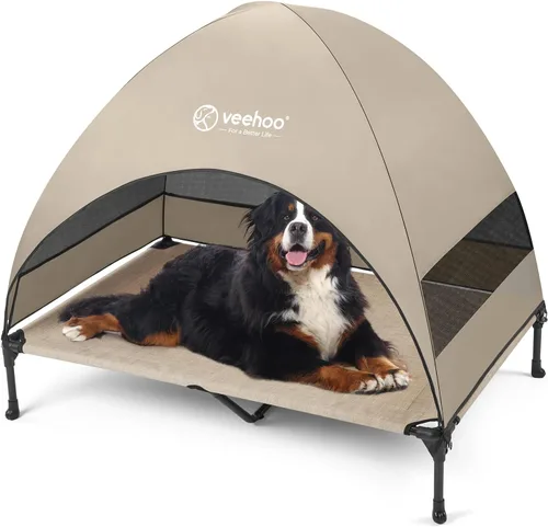 Vista 9 de Veehoo Cama para perros con dosel para exteriores, cuna elevada para mascotas con toldo extraíble y enfriamiento, pies antideslizantes, cuna elevada